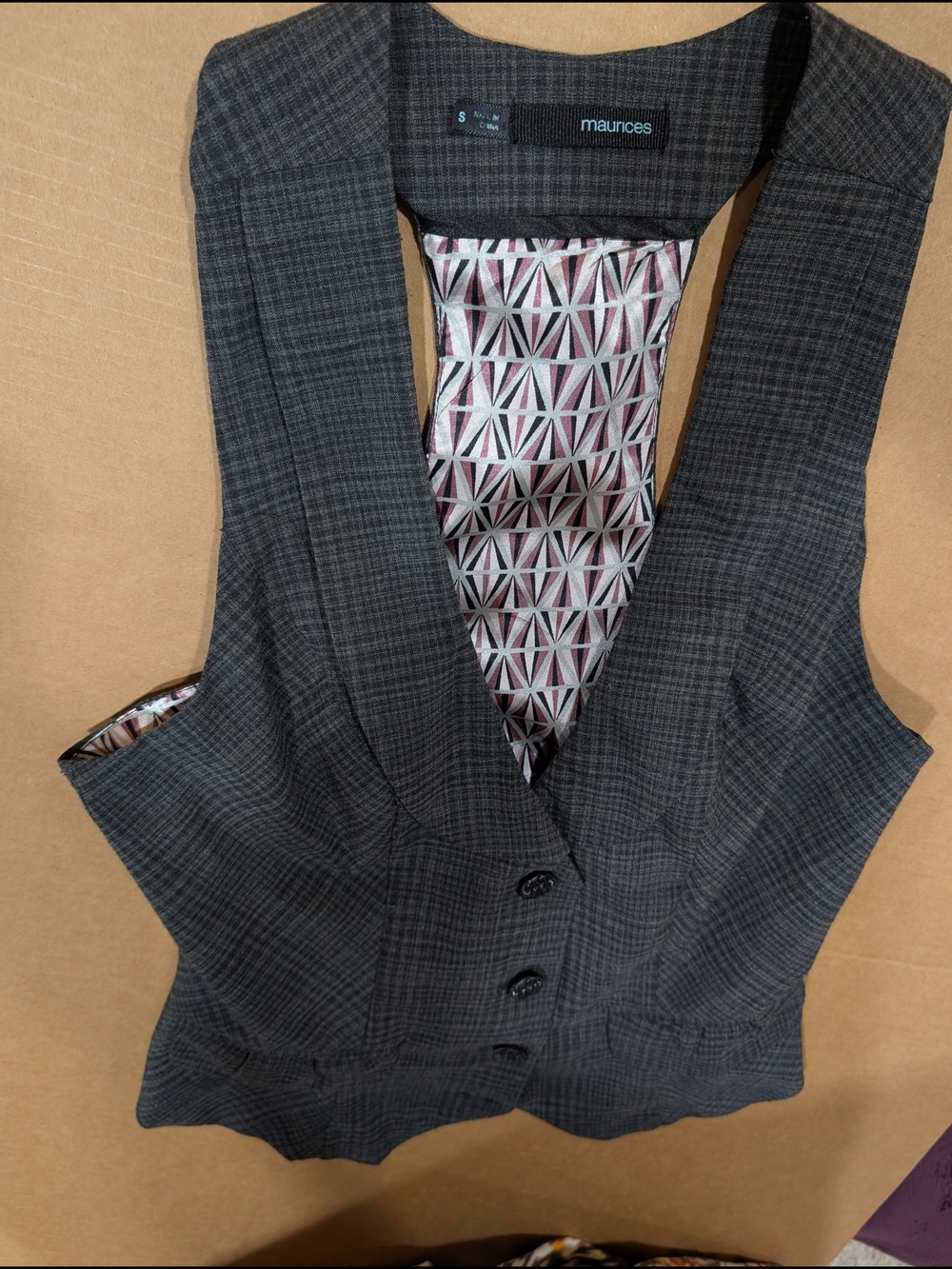 Maurices Women's S Size Charcoal Plaid Vest with Patterned Lining